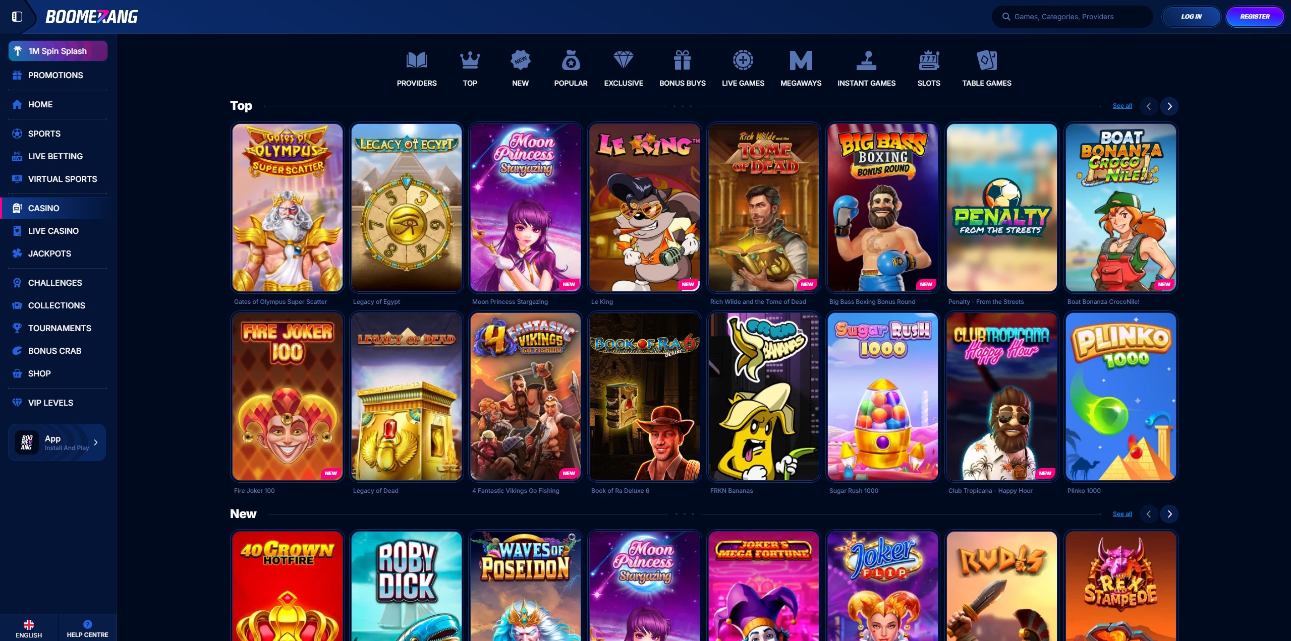 Lobby di gioco della web app Boomerang Bet