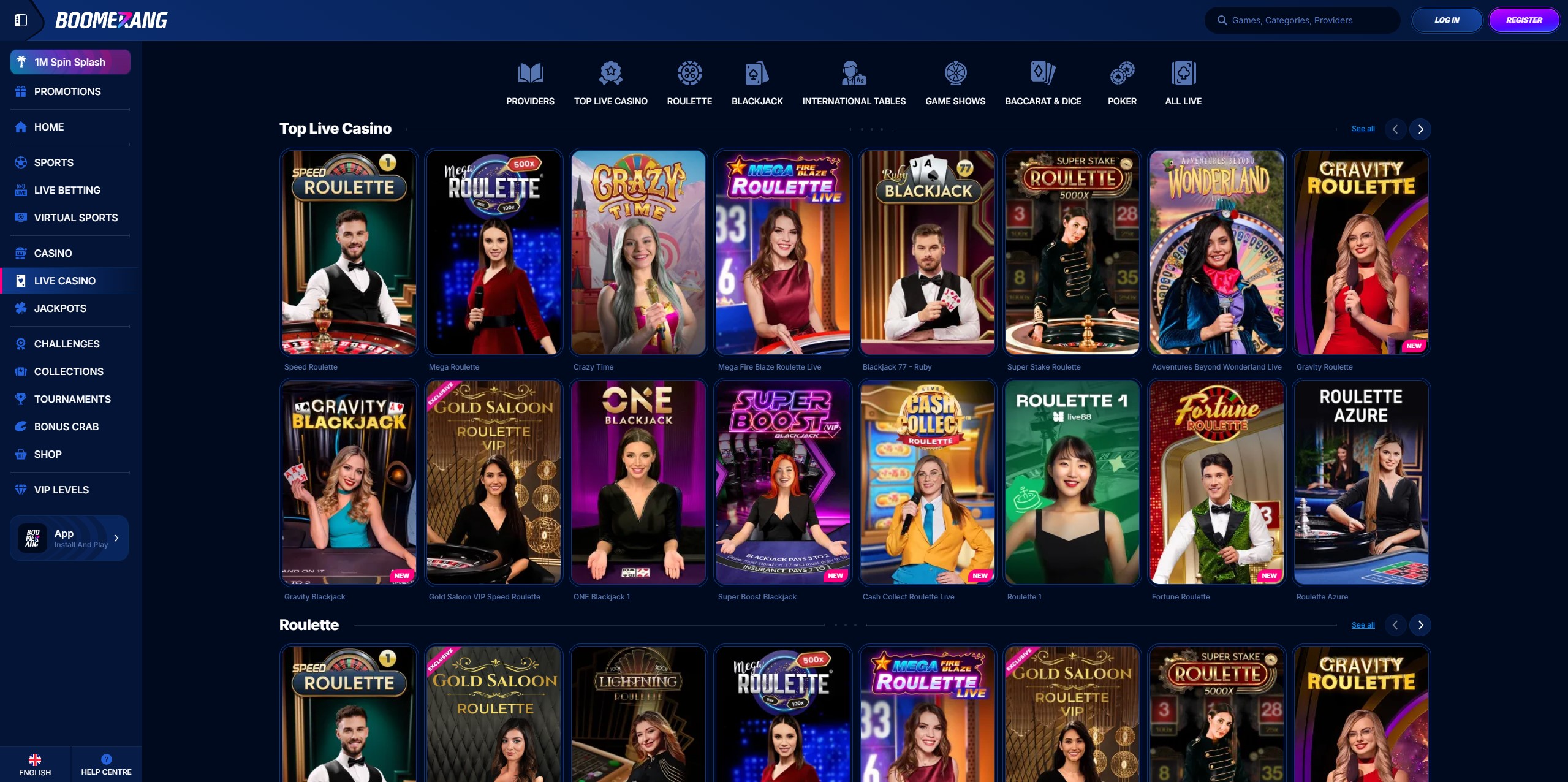 Lobby del casinò live di Boomerang Bet