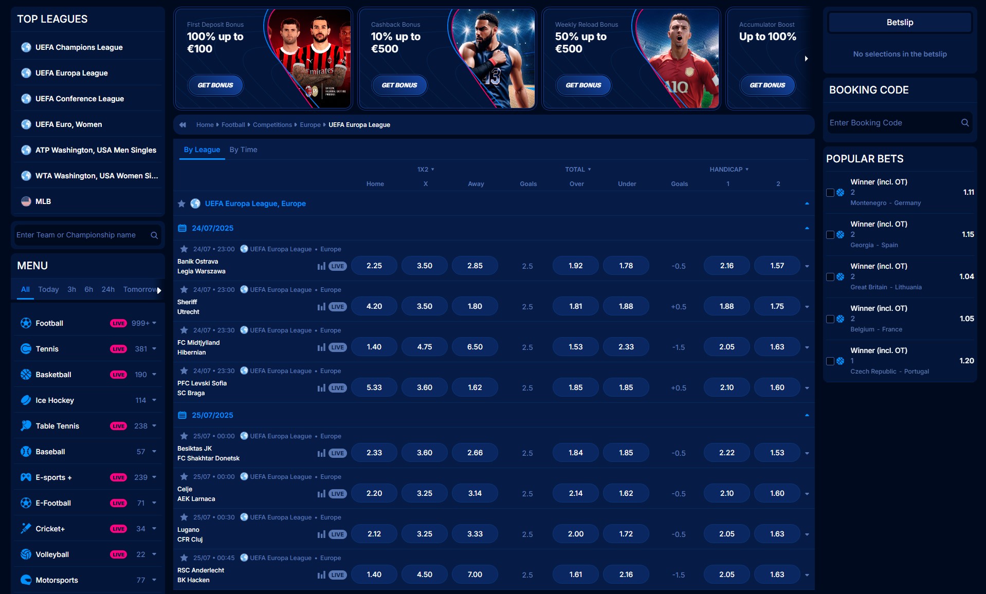 Interfaccia di scommesse live sull'app Boomerang Bet